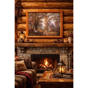 R Huff Signed Log Cabin Autumn Landscape Oil PaintingFramed Rustic Home Decor